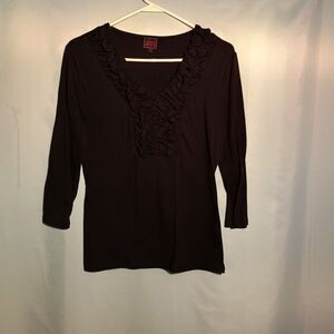 "Women's Black Ruffle V-Neck 3/4 Sleeve Blouse - Chic & Comfortable"